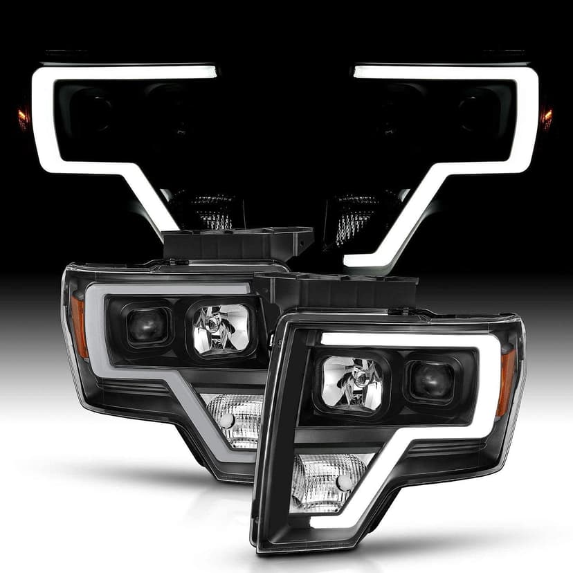 AmeriLite for 2009-2014 Ford F150 Truck LED Bar Square Projector Halogen Black Headlights Set High/Low Beam Bulb Included - Driver and Passenger Side