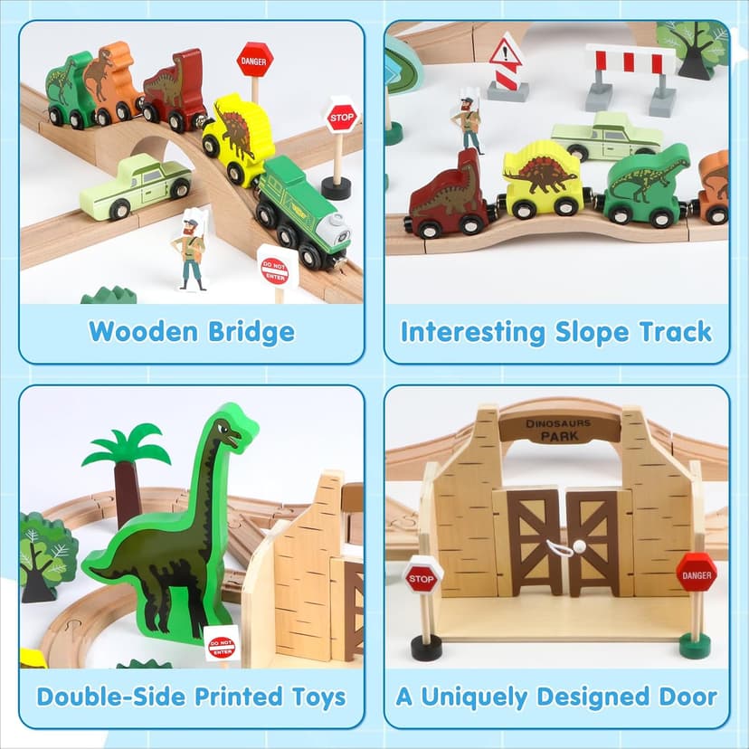 Wooden Train Set, Dinosaur Toys for Kids 3-5, Compatible with Major Brands, STEM Railway Playset, Ideal Wooden Train Track Set for 3 4 5 6 7 8 Year Old Kids Boy Girl