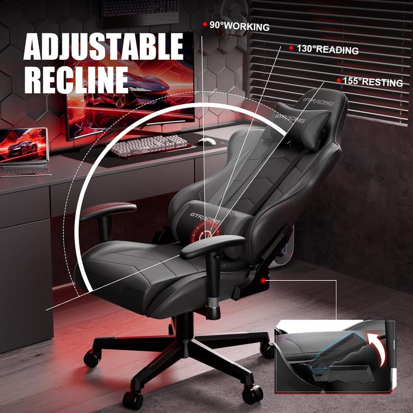 GTRACING Gaming Chair Racing Office Computer Ergonomic Video Game Chair Backrest and Seat Height Adjustable Swivel Recliner with Headrest and Lumbar Pillow Esports Chair (Dark Black)