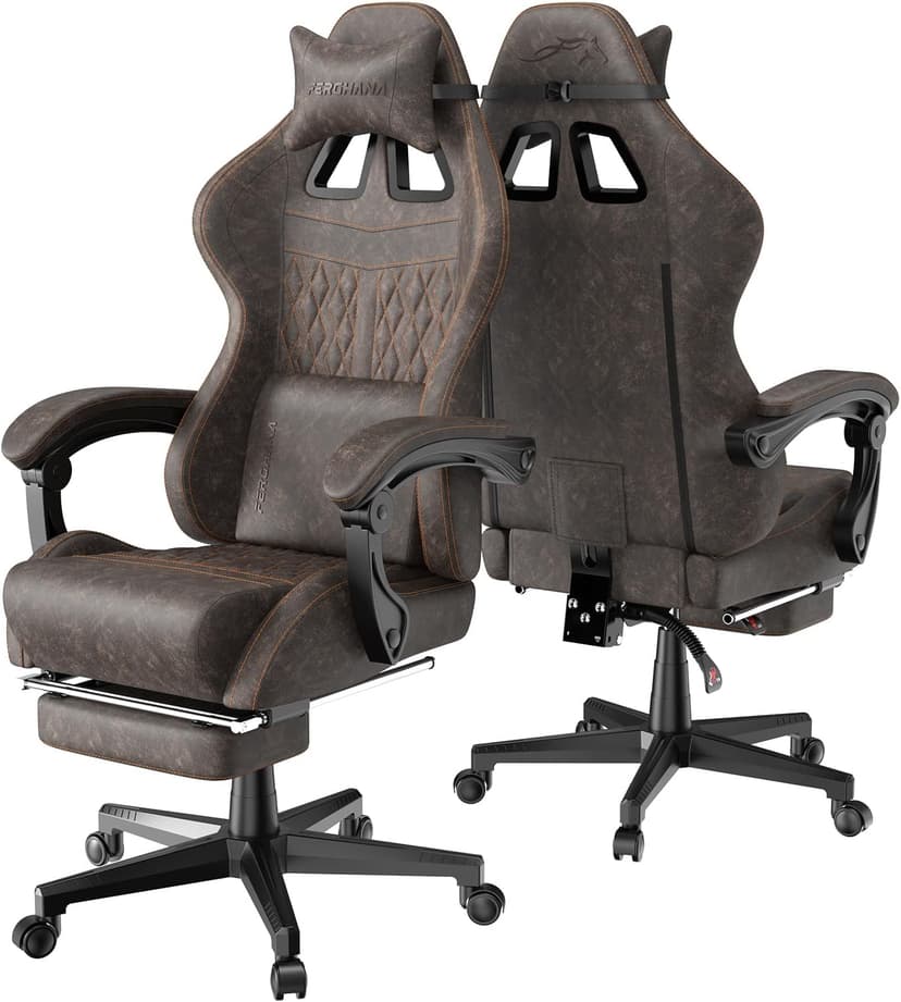 Ferghana Vintage PU Leather Gaming Chair, High Back Gamer Chair with Massage, Ergonomic Computer Office Chair with Footrest for Adults, Racing Style Reclining Video Game Chair Chestnut Brown
