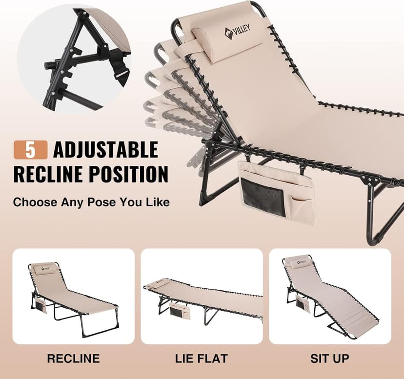 VILLEY Oversized Chaise Lounge Chair, Heavy-Duty Folding Outdoor Lounge Chair with 5 Adjustable Positions, Portable Trifold Beach Lounger for Patio, Beach, Lawn, Backyard, Camping – Beige