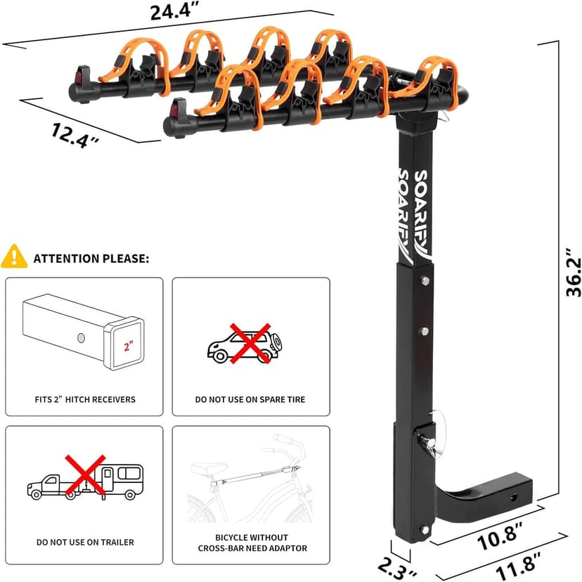Bike Rack for Car, SUV, RV, Mount Hitch Bike Back 4, Up to 143 lbs Load Bicycle Rack Carrier Rubber Straps, Tilt Release with 2" Hitch for Cars (4BIKES)
