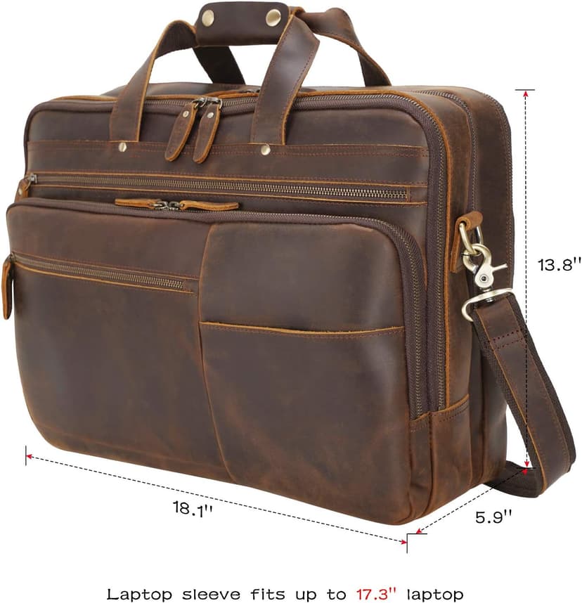 Polare X-Large 18" Full Grain Leather Briefcase For Men Business Travel Case Messenger Bag Fits 17.3" Laptop