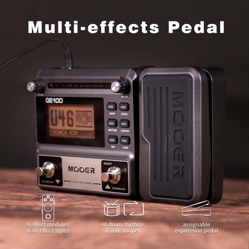MOOER GE100 Multi-Effects Guitar Pedal with 80 Presets, 66 Effects, Loop and 40 Drum Rythm. Distortion, Expression Volume Wah Pedal, Tap Tempo, Headphone Out, LED Screen, Tuner