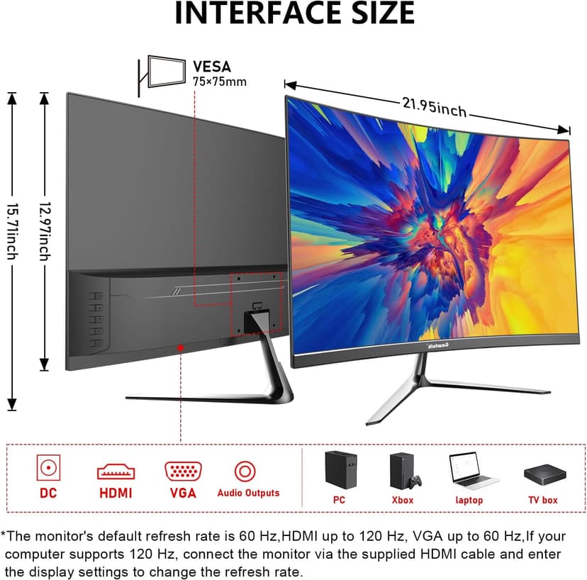 Gawfolk 24.5 Inch Gaming Curved Monitor Built-in Speakers, 3000R 120Hz PC Screen Full HD 1080P, HDMI 2.0, VGA, Wall Mount Compatible 75 * 75mm