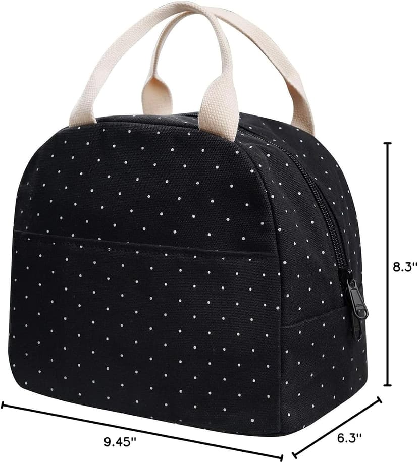 EurCross Upgraded Compact Black Lunch Bag for Girls Women,Canvas Reusable Insulated Polka Dot Lunch Tote Box Bag for Work School
