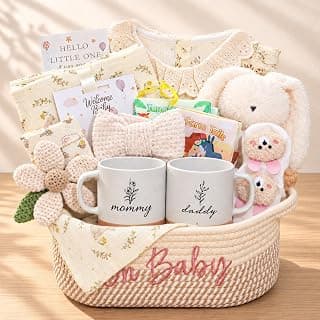 Baby Shower Gifts Set with a 0–6M Romper,39-Inch Swaddle,Sensory Books,Bunny Toy,Parent Mugs & Gift Basket Baby Girl Gift Basket,Newborn Baby Girl & New Parents Gift,New Mom Gifts B0H7WPNR2K