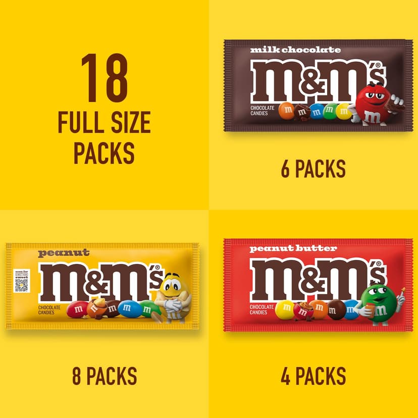 Real Milk Chocolate, Peanut, and Peanut Butter Candy, Individually Wrapped Packs for Sharing at Parties, Baking and Gifting M&M'S Milk Chocolate Candy, Bulk Candy Variety Pack, Full Size, Pack of 18 B004SK4KIG