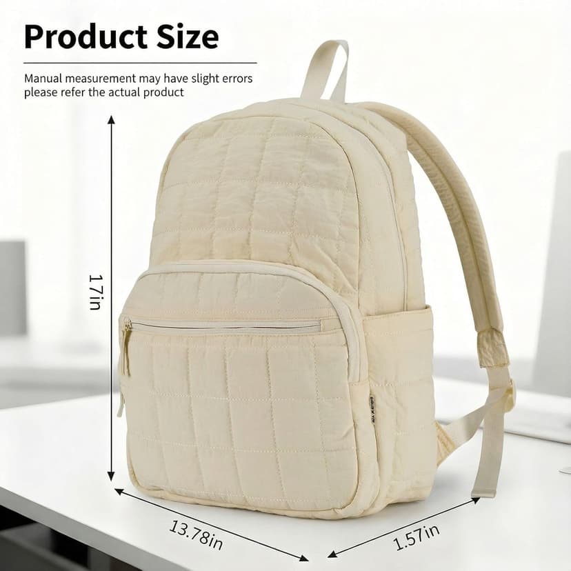 KAILUOLAI Quilted Backpack, Water-Resistant Nylon Bookbag for 15.6 Inch Laptop, College Bookbag Travel Backpack for Men Women (Off-white)