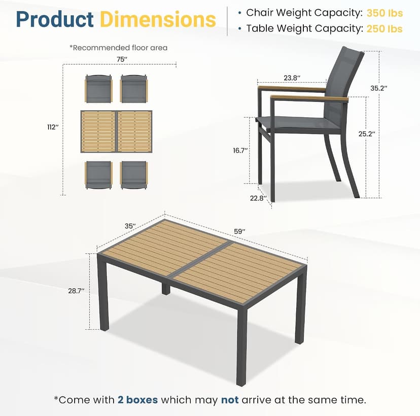 5-Pieces Aluminum Patio Table and Chairs for All-Weather, Patio Table Set with Heavy Duty HDPS Rectangular Table, Outdoor Patio Dining Furniture Set with Breathable Quick-Drying Textilene Chairs