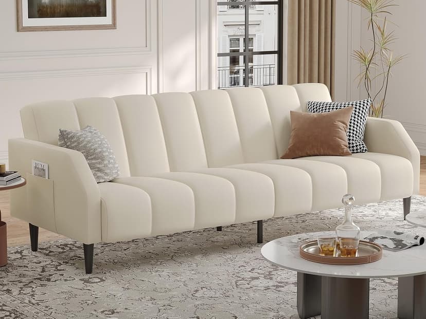 Fadware Faux Leather Couch, Convertible Futon Sofa Bed with Adjustable Backrest, Mid Century Leather Sofa Loveseat with Side Pockets& Metal Leg, Modern Leather Sleeper Sofa for Living Room Bedroom