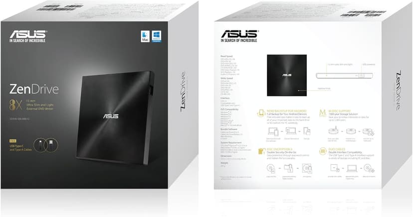 ASUS ZenDrive Black 13mm External 8X DVD/Burner Drive +/-RW with M-Disc Support, Compatible with Both Mac & Windows and Nero BackItUp for Android Devices (USB 2.0 & Type-C Cables Included)