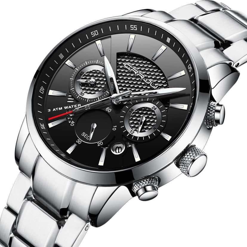 CRRJU Men's Business Casual Chronograph Quartz Waterproof Wristwatch Black Leather Strap