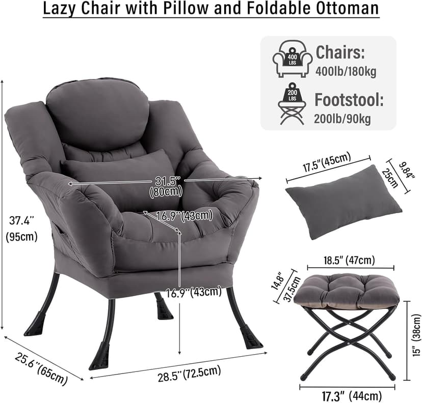 Lazy Chair with Ottoman, Modern Accent Chair with Lumbar Pillow, Dark Grey Sofa, Armchairs with Folding Footrest, Oversized Supportive Chairs for Bedroom, Reading