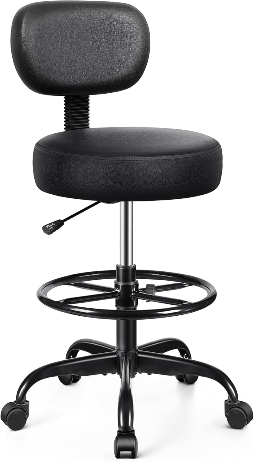 Brick Attic Drafting Chair with Backrest – Adjustable Foot Rest Rolling Stool with Wheels, PU Leather Swivel Stool for Office Spa Studio Lab Counter Salon Home Work Bar Kitchen Shop(Black)