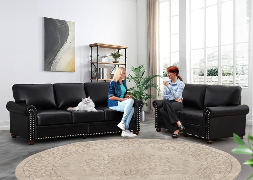 2 Piece Faux Leather Sofa Set,Modern Couch and Loveseat Sets with Storage,Mid Century Couch with Rivet Rolled Arm,Comfy Deep Seat Sofa,Furniture for Living Room,Office(Loveseat+3 Seater,Black)