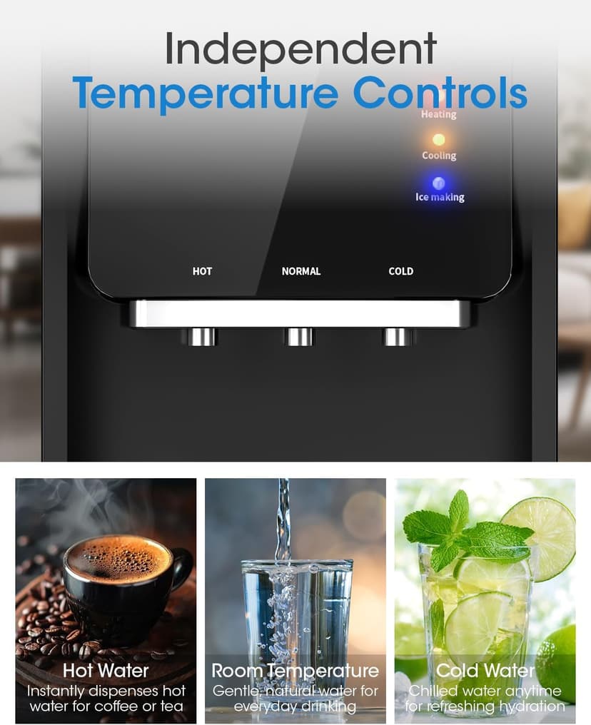 Manastin 4-in-1 Water Dispenser with Ice Maker, Hot & Cold & Room Temperature Top Loading Water Cooler with Fast Ice Making, Compatible with 3–5 Gallon Bottles, for Home and Office, Space Black