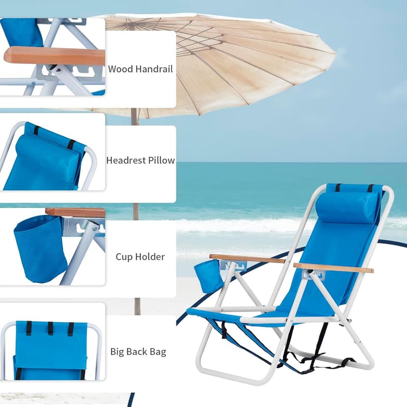 Set of 2 Folding Backpack Beach Chairs for Adults,Outdoor Folding Heavy Duty Camping Chair with Large Pockets and Cup Holder,Adjustable high Beach Lounge Chairs for Outdoor,Travel (Blue)