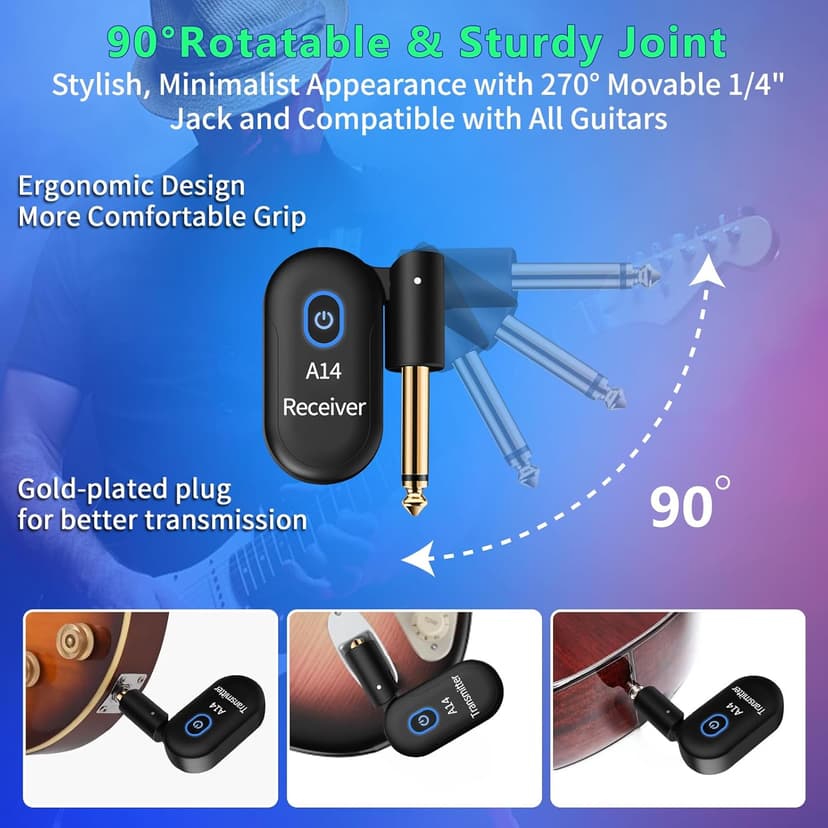 INGPARTNER A14 Wireless Guitar System 2.4GHz 2 Modes, Thumb-Size, 90° Rotatable, 100ft Range, Wireless Guitar Transmitter Receiver Plug & Play for Guitar, Bass, Violin, Keyboard - Black (1TX + 1RX)