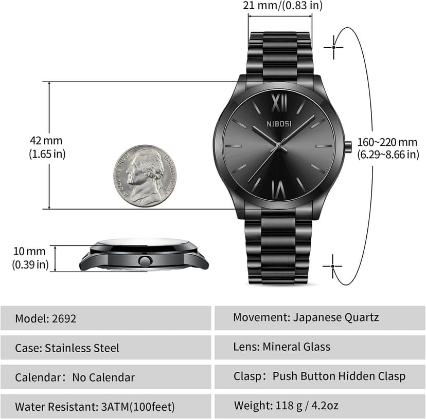 NIBOSI Men Watches Analog Quartz Stainless Steel Black Watches for Men Waterproof Business Classic Watch Fashion Minimalist Ultra Thin Wrist Watch for Work and Casual Wear