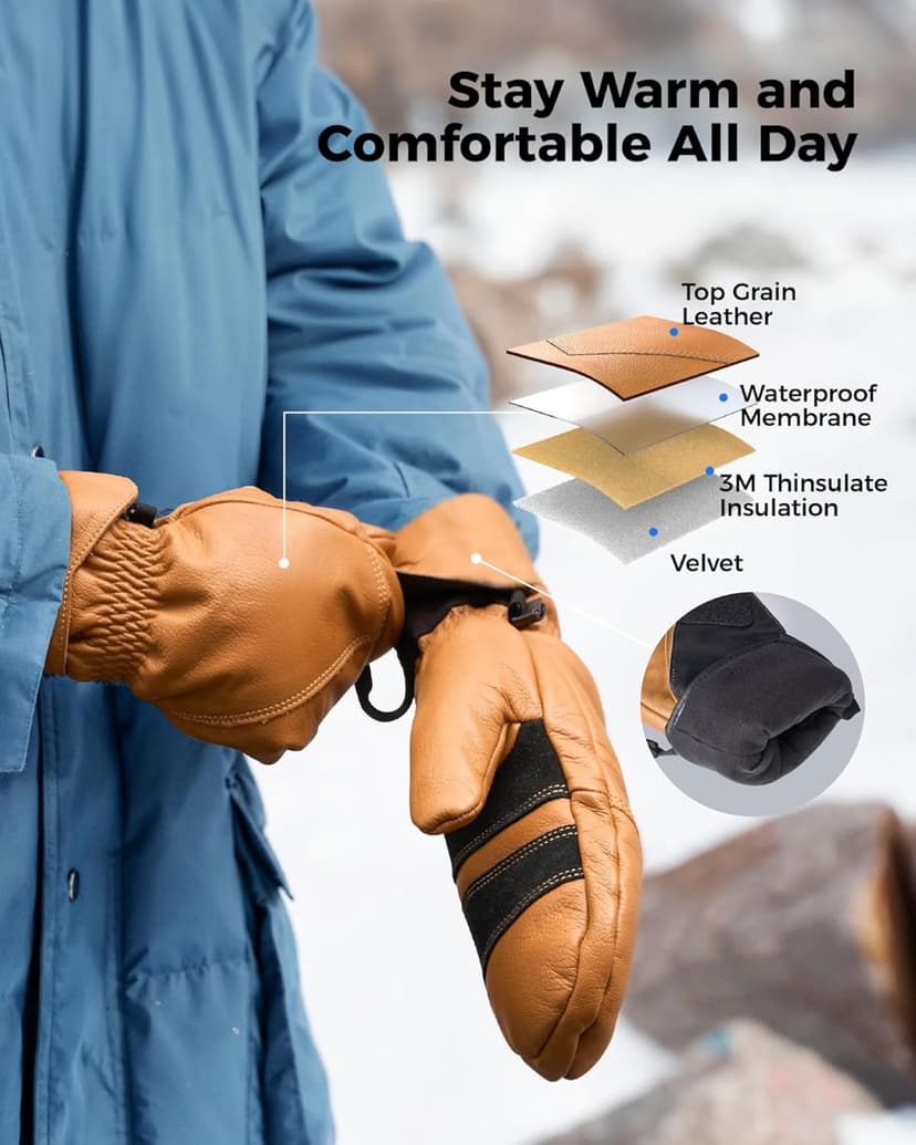 toolant Leather Ski Mittens, Winter Gifts for Men & Women, 3M Thinsulate, Waterproof & Durable for Snowboarding, Outdoors