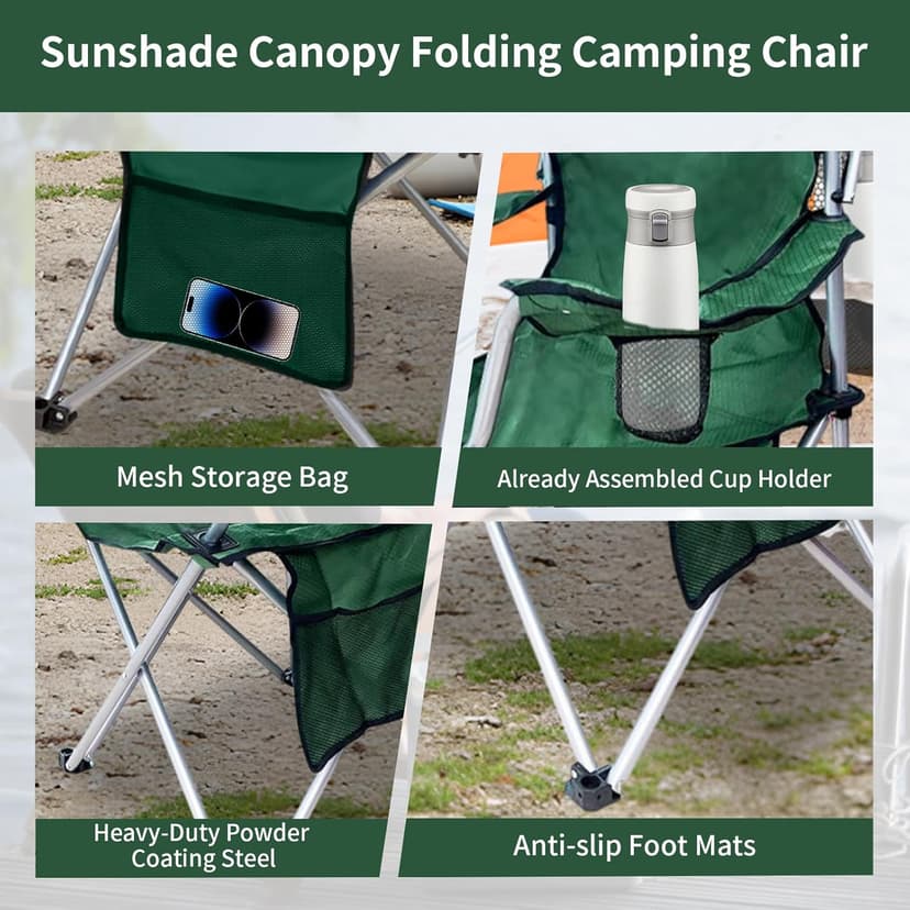 Portable Camping Chair with Canopy Shade - Folding Lounge Chair with Cup Holder & Side Pocket for Outdoor Camping, Fishing, Beach - Support 330 LBS - Green