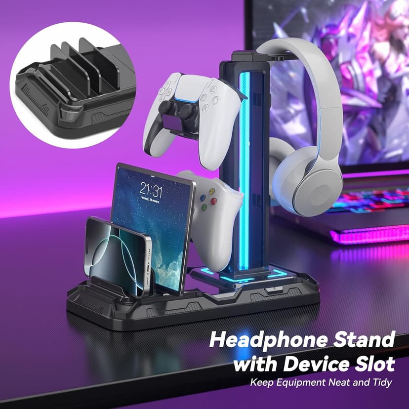KDD Headset Stand with Charging Station - Detachable Controller Holder with 9 Light Modes - Rotatable Headphone Hanger with USB A&C Charger Ports - Earphone Hook for PC Gaming Accessories Storage B0DGGH8KN1