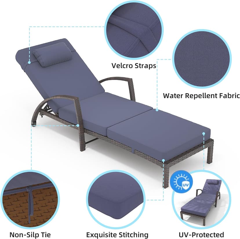 GarveeLife 2-Piece Rattan Patio Folding Chaise Lounge, 5-Position Adjustable Backrest Outdoor Lounge Chair with Cushion and Pillow for Poolside, Backyard, Deck, Porch, Blue