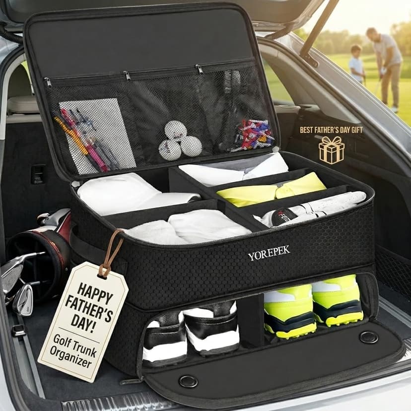 YOREPEK 2 Layer Golf Trunk Organizer, Golf Gifts for Men with Separate Ventilated Compartment for 2 Pair Shoes, Waterproof Car Trunk Locker for Balls, Tees, Clothes, Gloves, Accessories, Golfer Gifts