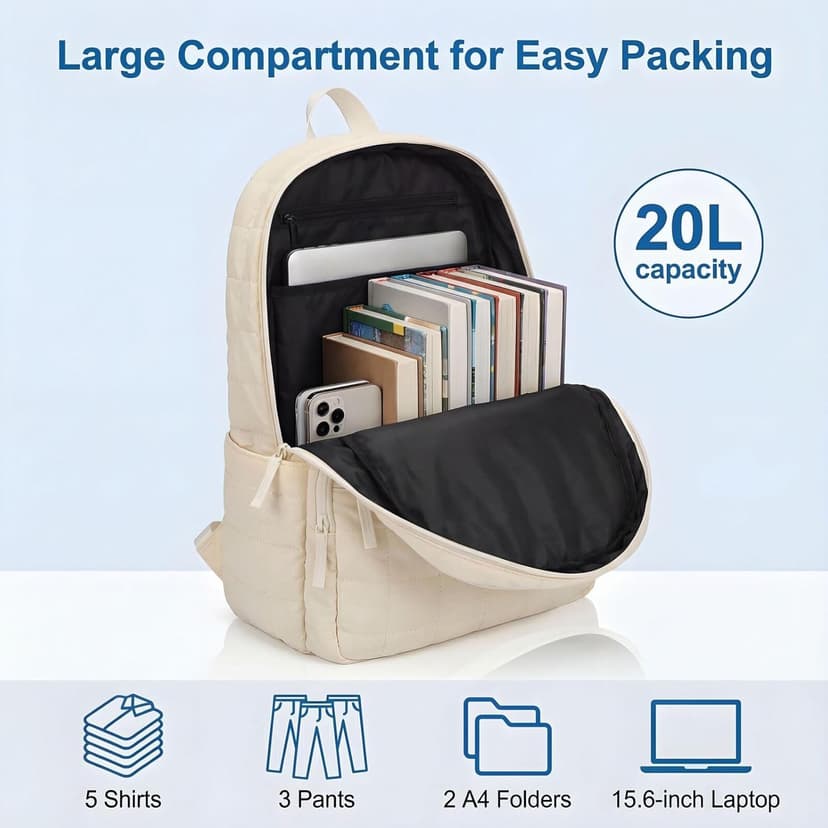 KAILUOLAI Quilted Backpack, Water-Resistant Nylon Bookbag for 15.6 Inch Laptop, College Bookbag Travel Backpack for Men Women (Off-white)