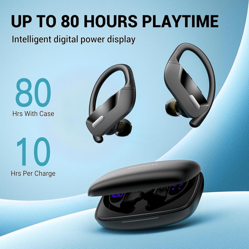 occiam Sport Wireless Earbuds Bluetooth Headphones 80hrs Playtime Deep Bass Ear Buds with Earhook Noise Cancelling Mic Waterproof Earphones for Workout Running Black