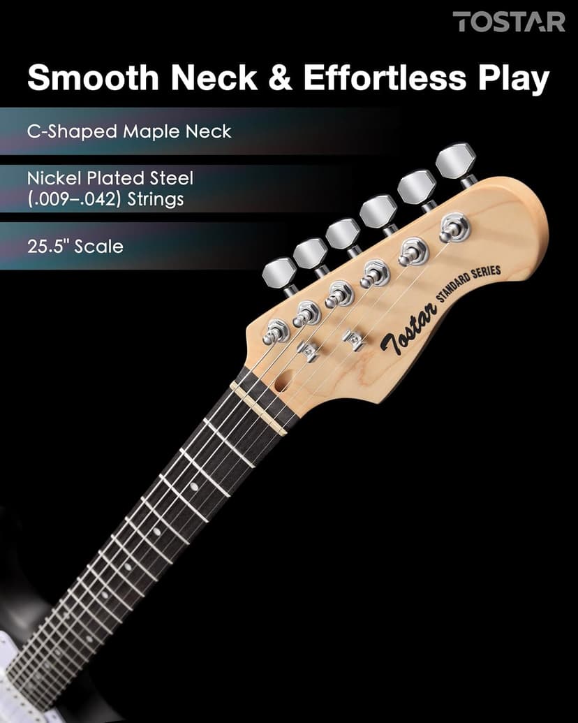 Tostar Beginner Electric Guitar, Solid Body, 39" Full Size Strat Style with HSS Pickups, 5-Way Switch, Tremolo Bridge, Maple Neck & Tectona Fretboard, Ideal for Beginners and Gifting, Black