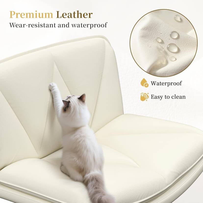 DurayLoly Criss Cross Chair with Wheels, Cross Legged Office Chair, Armless Wide Vanity Desk Chair with 2 Layer Scratch-Resistant Pu Leather Swivel for Home Office Bedroom,Beige
