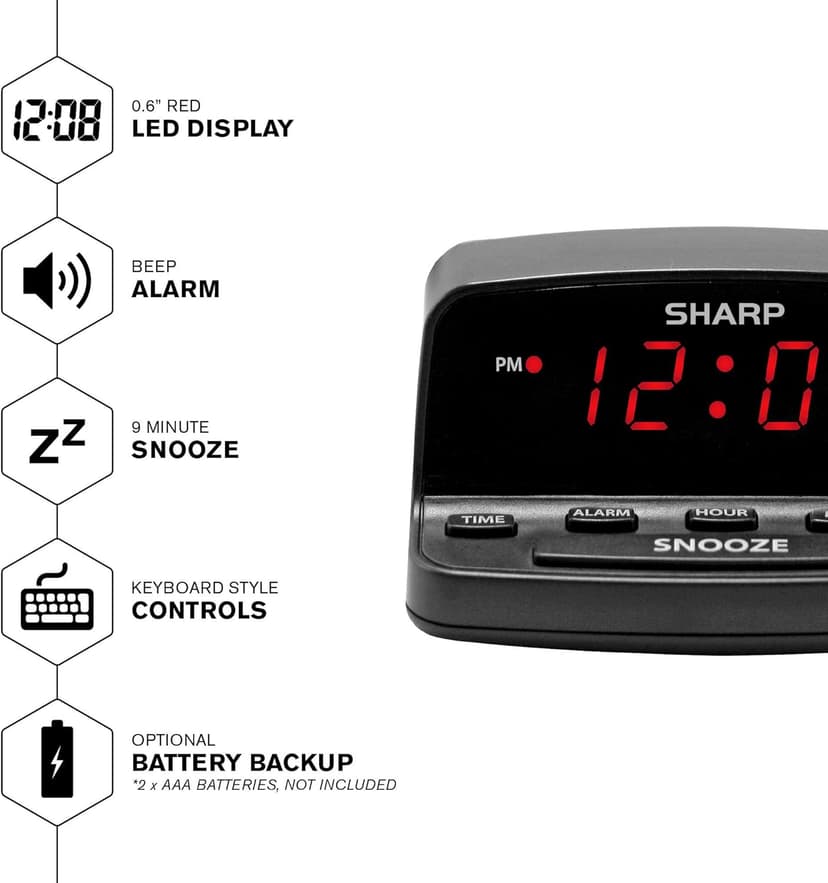 Sharp Digital Alarm Clock with Keyboard Style Controls, Battery Back-up, Easy to Use with Simple Operation, Black Case with Red LED Display