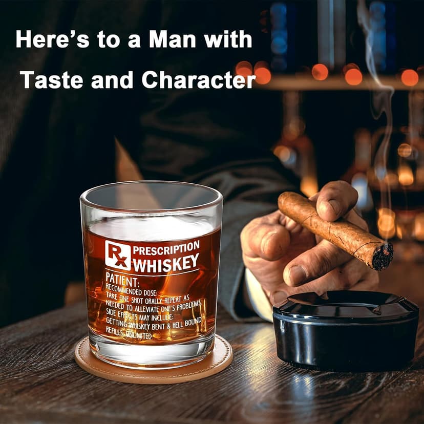 Prescription Whiskey Glass, Funny Rocks Glass & Bourbon Barrel Set for Brother Boyfriend Father Husband Coworker on Christmas & Birthday, White Elephant Cool Gag Gifts for Men