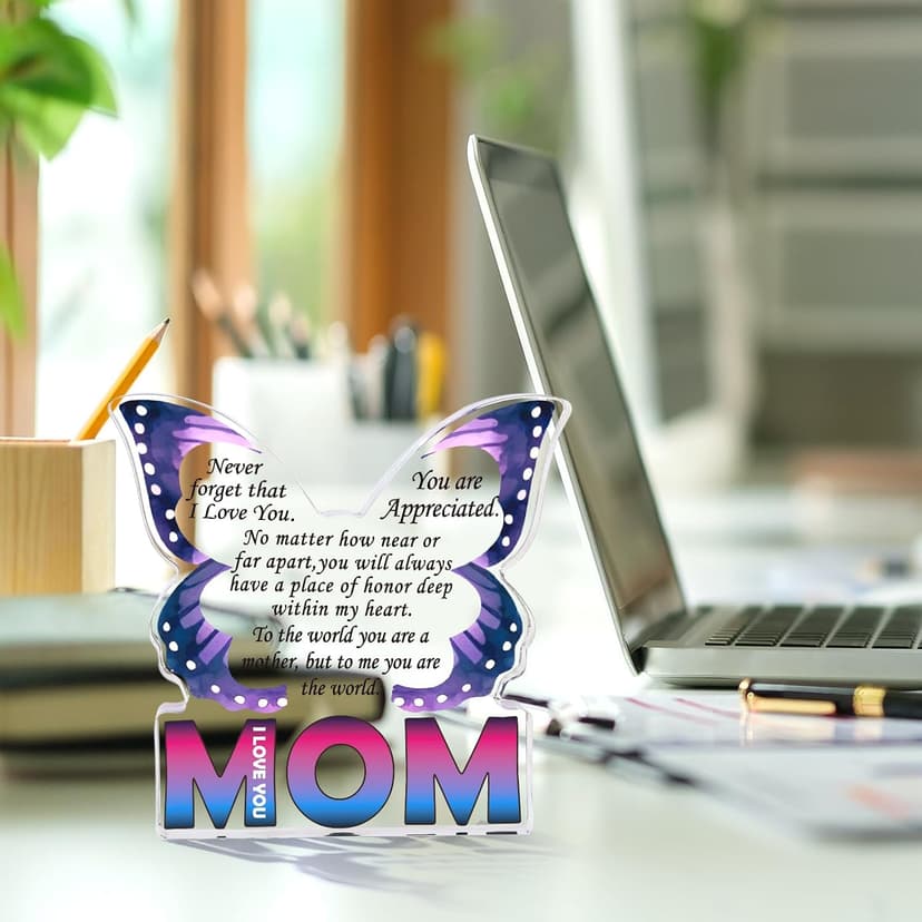 Mom Birthday Gifts from Daughter Son, I Love You Mom Gift for Mother New Bonus Step Moms Mama, Gifts for Moms Unique, Best Mom Ever Gift Ideas, Butterfly Acrylic Decorative Signs Plaques