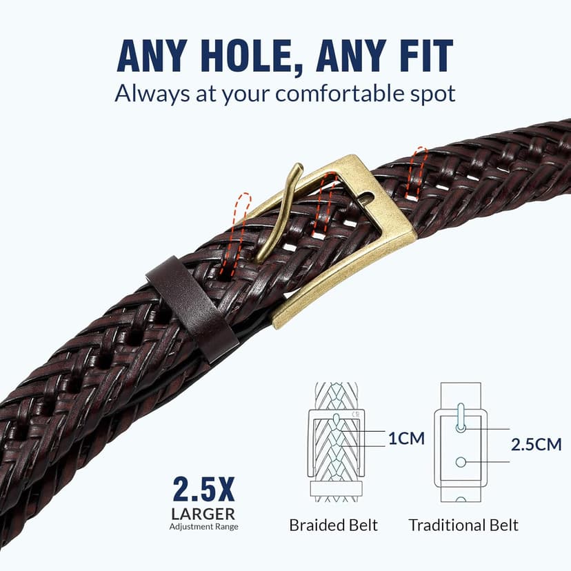 JASGOOD Men's Braided Leather Belt, Braided Woven Belt for Men Casual Jeans with Solid Strap Single Prong Buckle