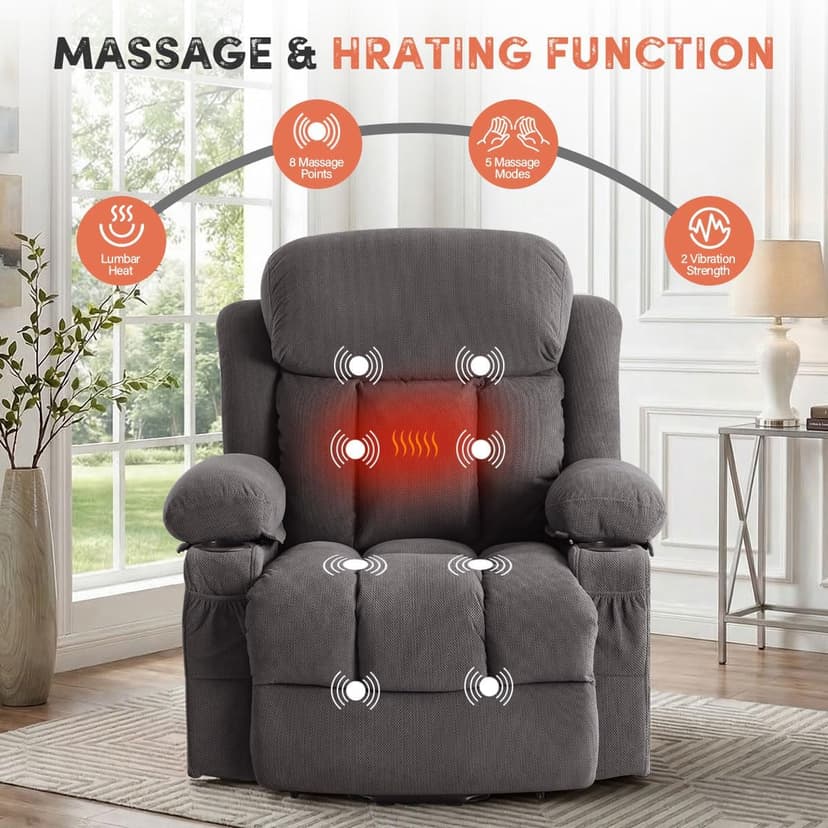 BOSMILLER Power Lift Recliner Chair with Massage and Heat for Elderly, Electric Recliner Single Sofa with Two Cup Holders, Extended Footrest, Side Pocket and USB Charge Port for Living Room