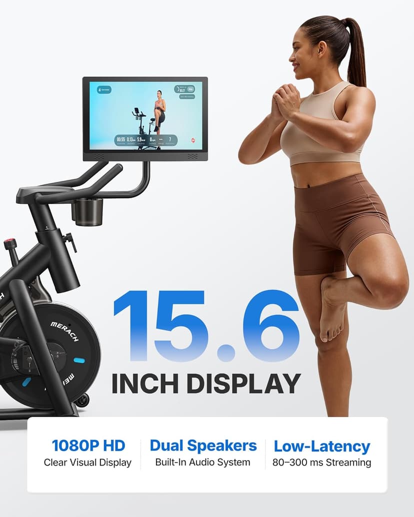 MERACH Exercise Bike, Brake Pad Stationary Bike with Exclusive App, Low Noise Indoor Cycling Bike with 300lbs Weight Capacity, Tablet Mount and Fitness Courses for Weight Loss