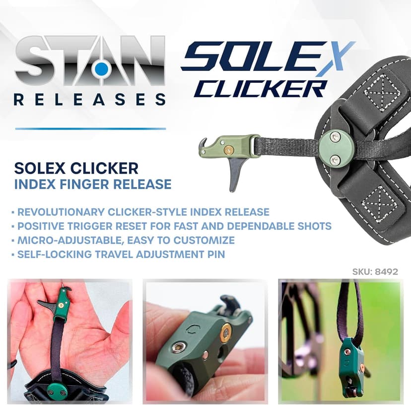 Stan SoleX Clicker Index Finger Bowhunting Archery Release - Wrist Strap Open Hook Trigger Aid with Click Mechanism, Fast Reset, Adjustable Length, Travel & Tension