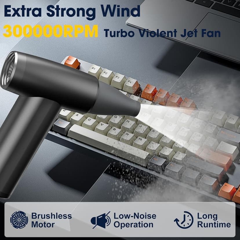 Metal Electric Compressed Air Duster, 300000RPM Brushless Motor with Stepless Speed, Rechargeable Cordless Mini Blower for Computer Keyboard Cleaning, Car Detailing, House and Outdoor Use(Black)