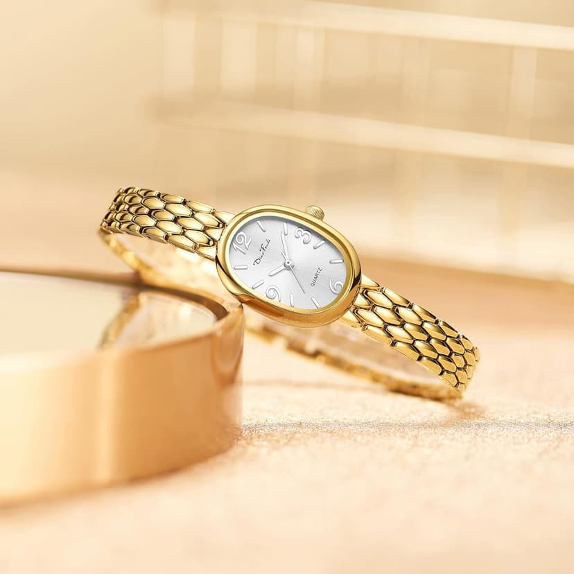 Diaofendi Petite Vintage Oval Gold Women’s Watch, Waterproof Elegant Watch with Japanese Quartz Movement, Adjustable Strap with Tool