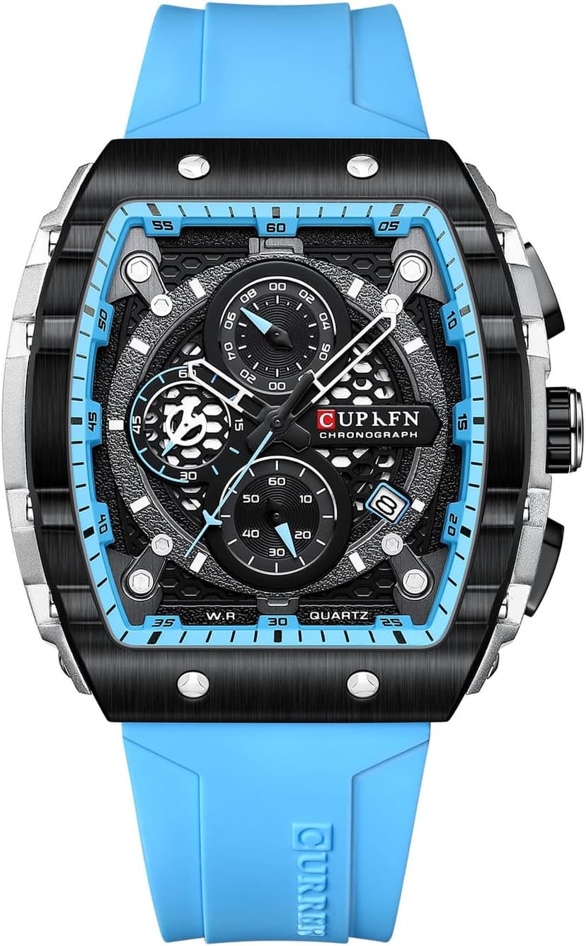 PASOY Luxury Chronograph Watches for Mens Rubber Strap Black Waterproof Date Analog Quartz Watch