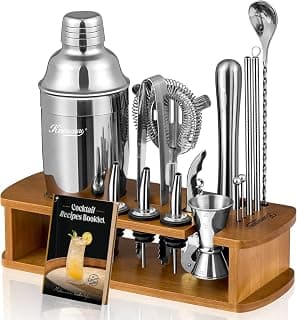 KITESSENSU Cocktail Shaker Set Bartender Kit with Stand | Bar Set Drink Mixer Set with All Essential Accessory Tools: Martini Shaker, Jigger, Strainer, Mixer Spoon, Muddler, Liquor Pourers |Silver B08BYJ8KSR