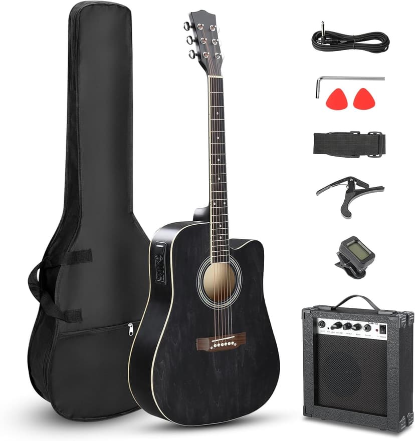 Ktaxon Full-Size Acoustic Electric Guitar with Amp, 41 Inch Basswood Body Guitars Kit for Beginner & Intermediate W/Bag, Strap, and Capo All Accessories Included (Black)