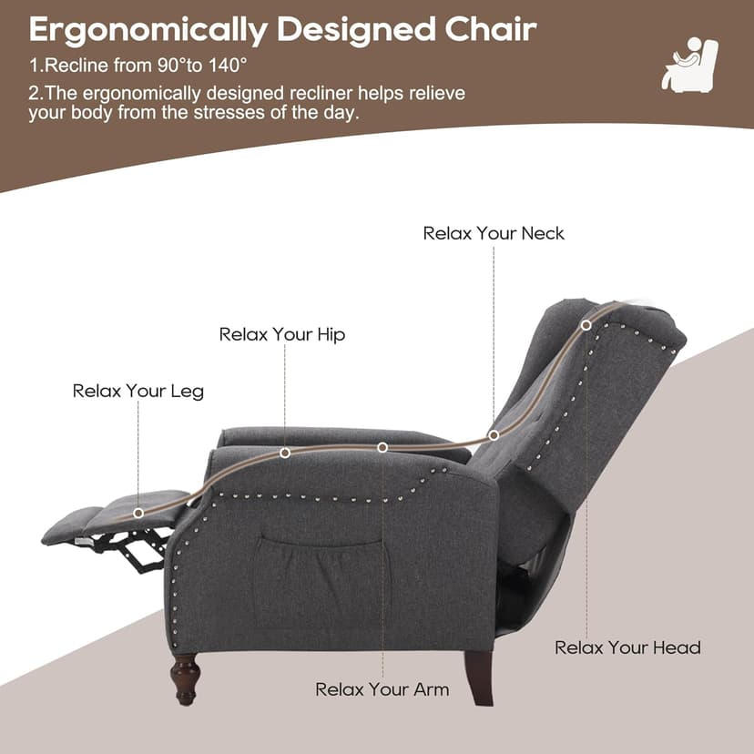 Wingback Recliner Chair with Massage and Heat, Wingback Recliner Tufted Fabric Push Back Recliner Chair for Living Room, Vintage Wingback Chair with Remote Control, Padded Cushion, Wooden Legs