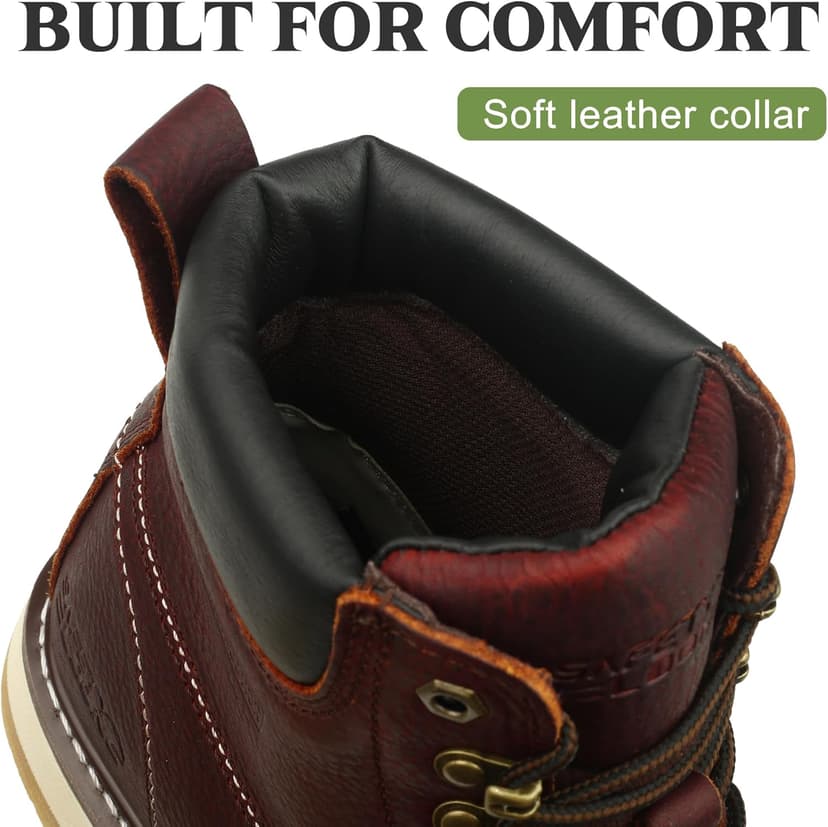 SAFETY LOONG Moc Toe Work Boots for Men Waterproof Soft/Steel Toe Comfortable Full Grain Leather Non Slip Wedge Outsole Construction 6" Workboots