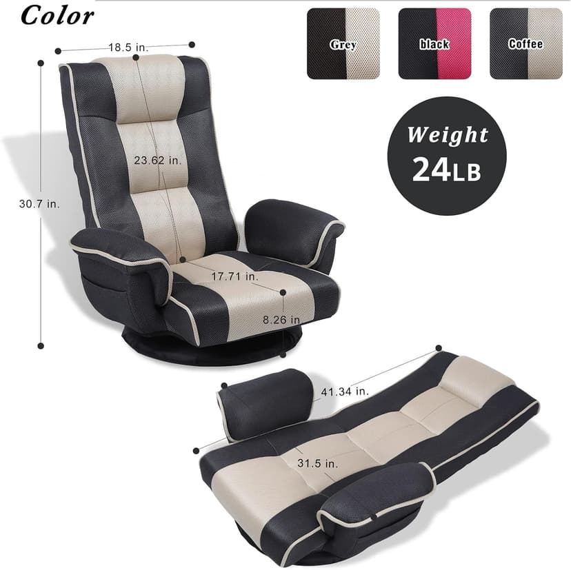 360 Swivel Gaming Floor Chair with Armrest Multi-Angle Folding Floor Chair Padded Backrest Lazy Sofa Lounge Chair for Living Room, Home Office QL201W-US-GR