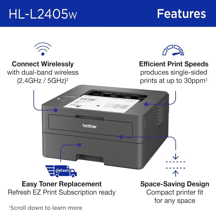 Brother HL-L2405W Wireless Compact Monochrome Laser Printer with Mobile Printing, Black & White Output | Includes Refresh Subscription Trial(1), Works with Alexa