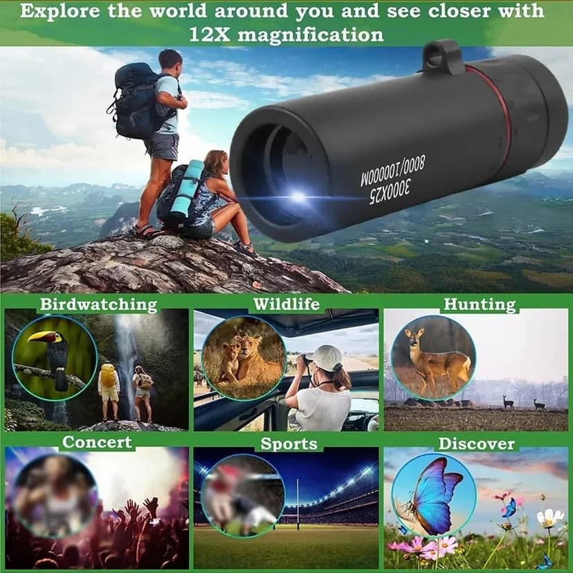 Portable Binoculars, 3000x25 Long-Focus HD Professional Monocular for Adults, Suitable for Outdoor Camping and Hunting (Black)